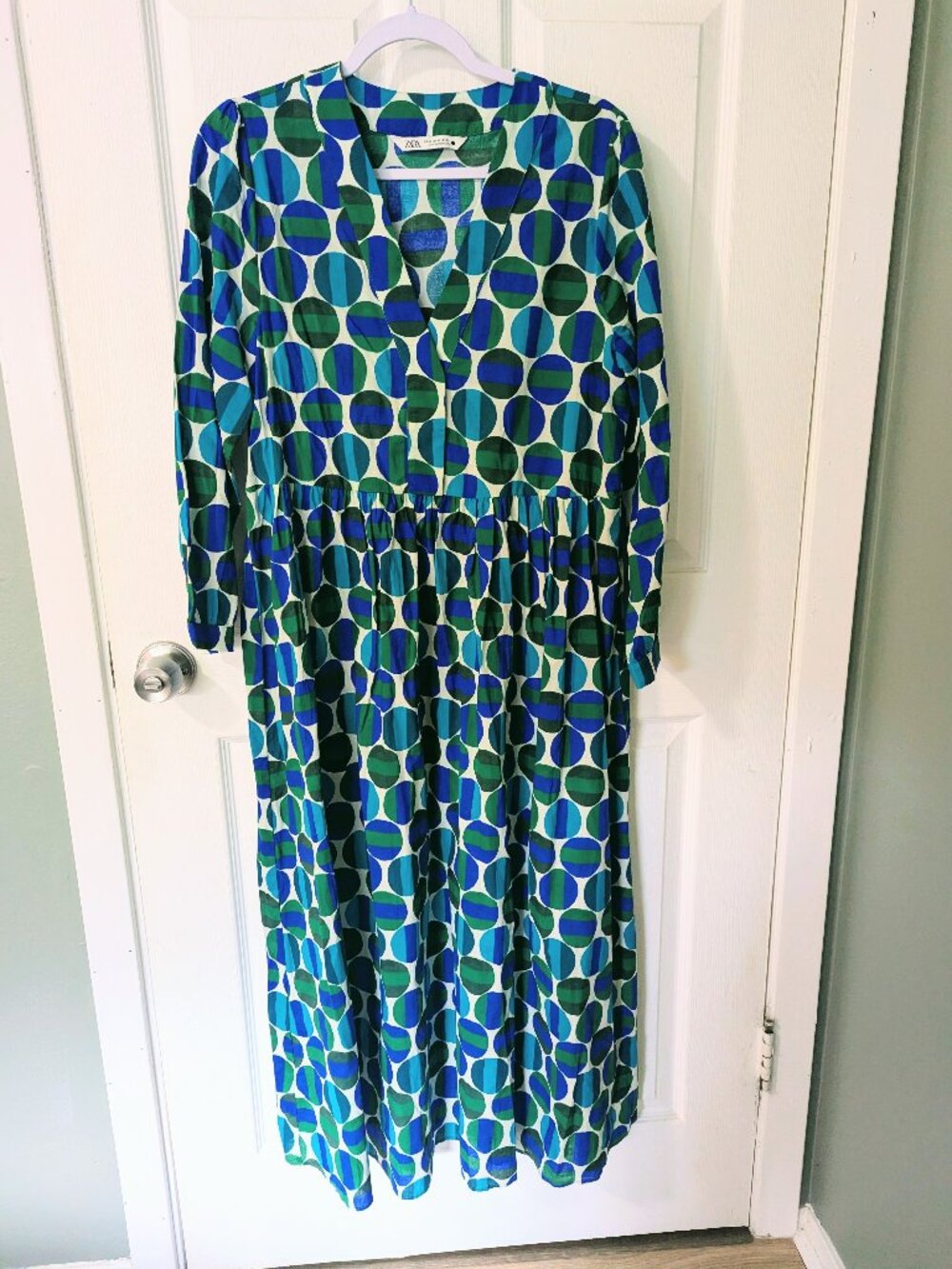 ZARA Smock Blue and Green Geometric Midi/Maxi Dress M